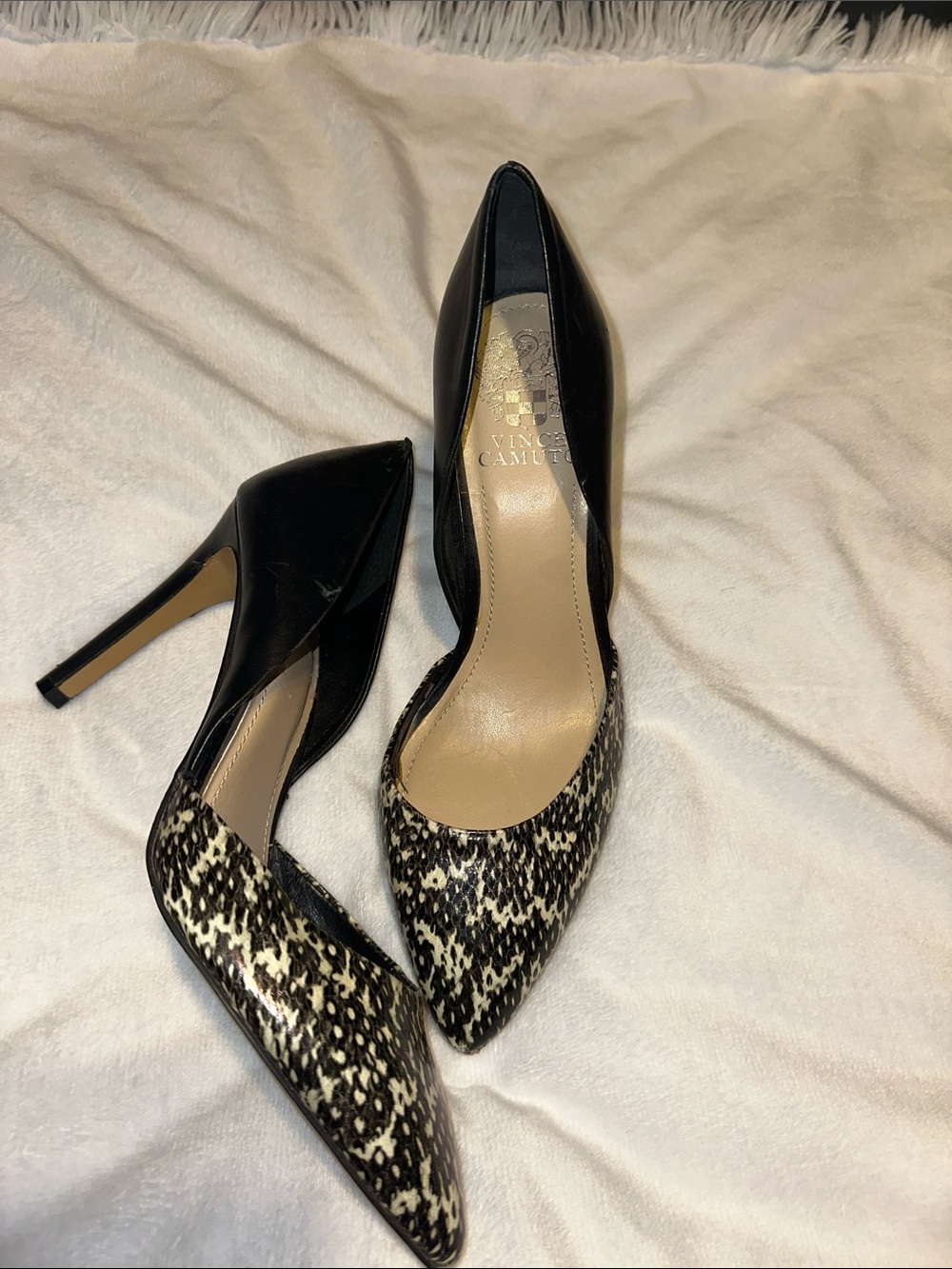 Vince Camuto Black and Cream Pointed D'Orsay Heels